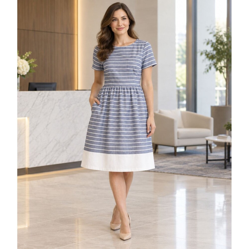 Brooks Brothers Dress Womens 4 Blue White Stripe Cotton Fit Flare Belted
